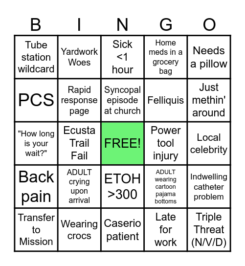 Sunday Funday ED Bingo Card