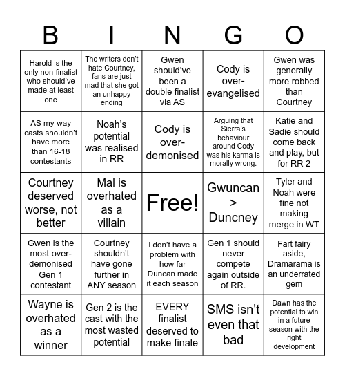 Unpopular Opinions Bingo Card