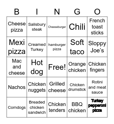 School Lunch Bingo Card