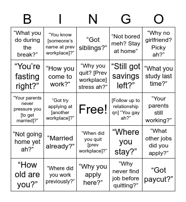 Questions on first day at work Bingo Card