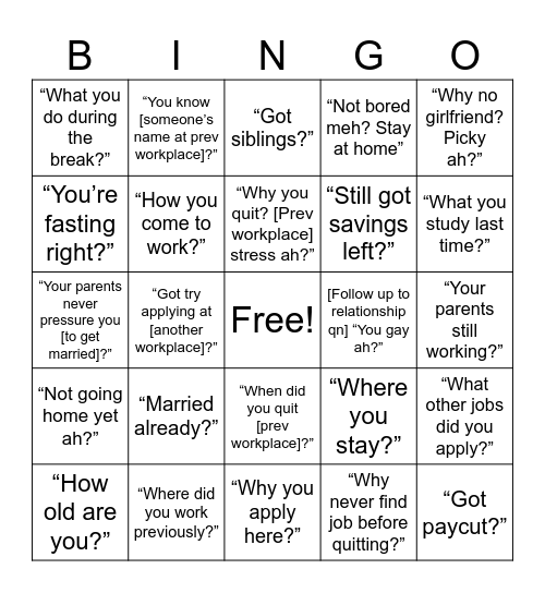 Questions on first day at work Bingo Card