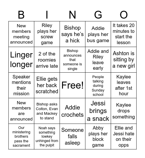 Ward Bingo Card