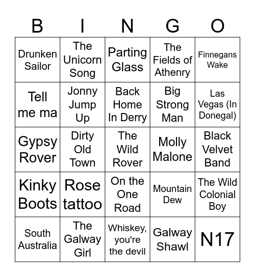 Irish Sing Along Bingo Card