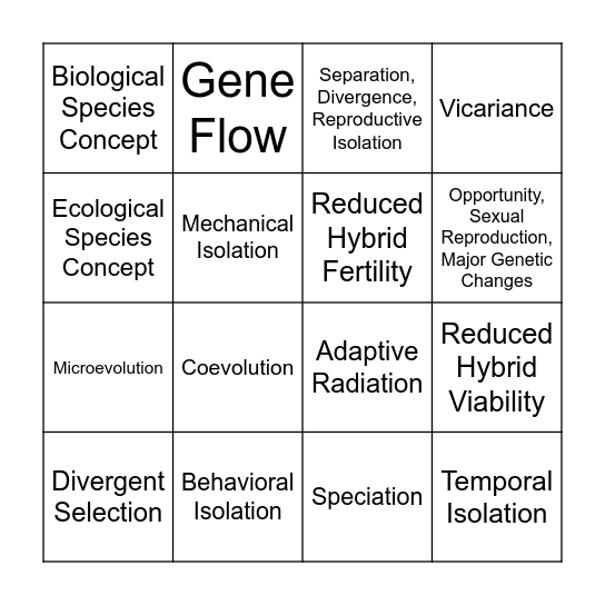 Speciation Bingo Card