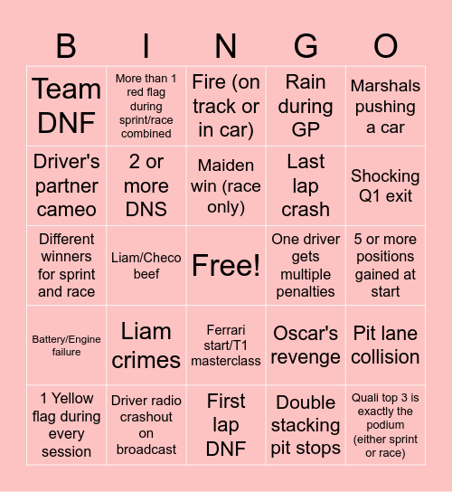 China GP Bingo! Bingo Card