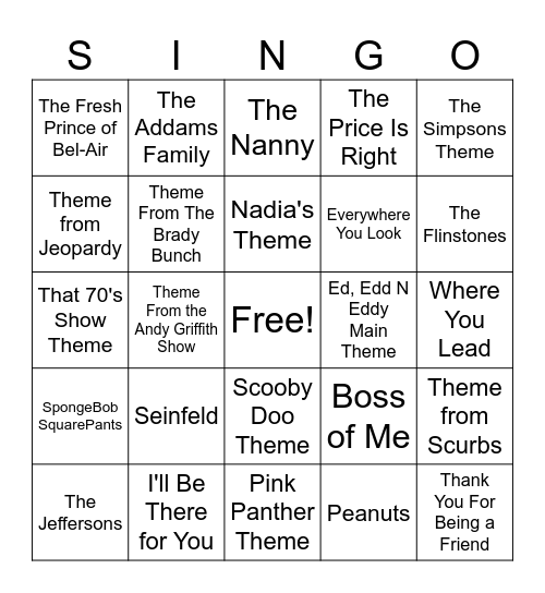 SINGO! TV Show Themes Edition Bingo Card