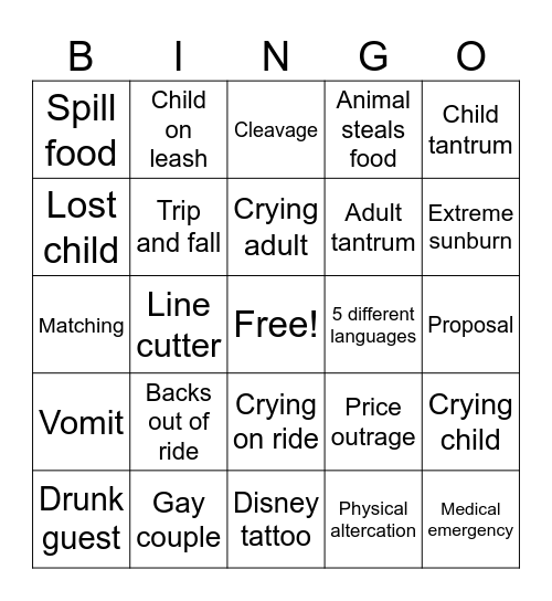 Disneyland Bingo Card