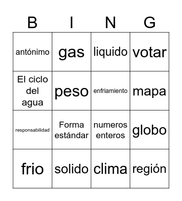 Bingo en español Bingo Card