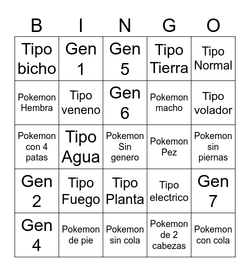 Bingo Pokemon Bingo Card