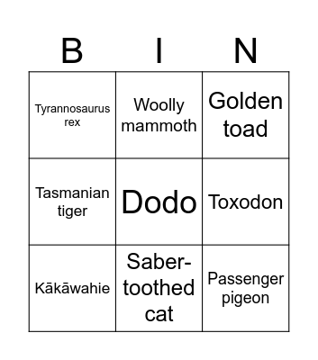 Extinct Animals Bingo Card
