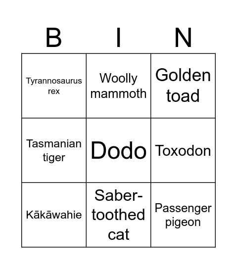 Extinct Animals Bingo Card