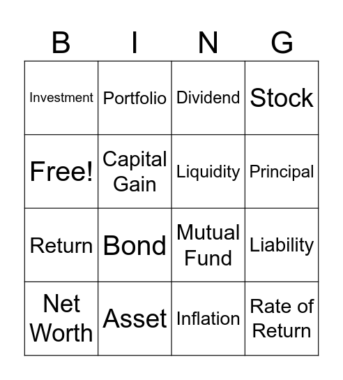 Investment Vocabulary Bingo Card