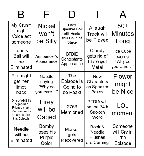 BFDIA 24 Prediction Bingo Card