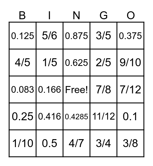 FRACTION/DECIMAL BINGO Card