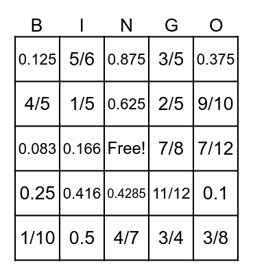 FRACTION/DECIMAL BINGO Card