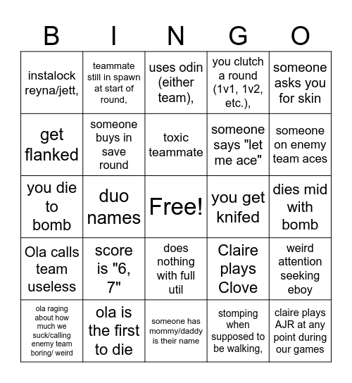 Valorant Bingo Card