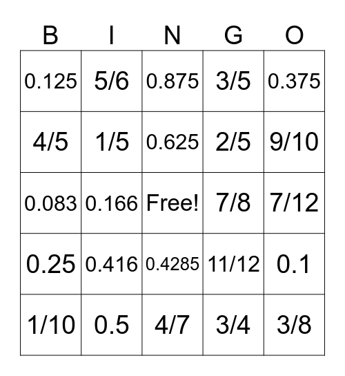 FRACTION/DECIMAL BINGO Card
