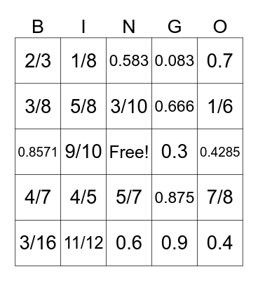 FRACTION/DECIMAL BINGO Card