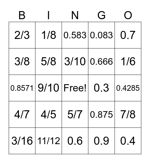 FRACTION/DECIMAL BINGO Card