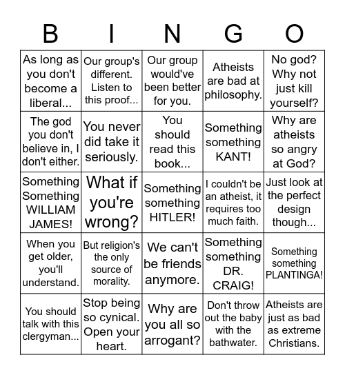 Atheist Conversational Bingo Card