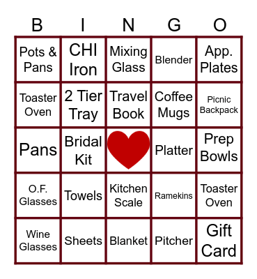 Jessica and Steven's Bridal Shower Bingo Card