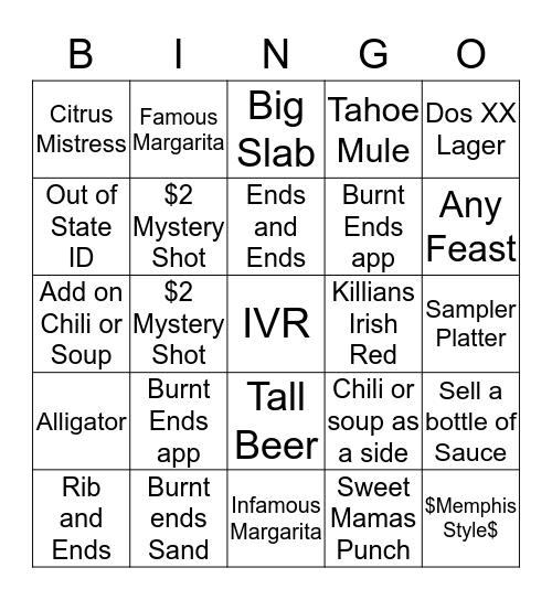 Burnt Ends Bingo Card