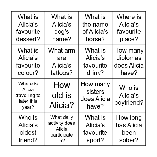 Alicia Bingo Card