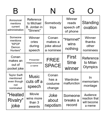 BW Film Society's Oscars Party Bingo Card