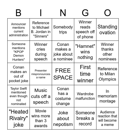 BW Film Society's Oscars Party Bingo Card
