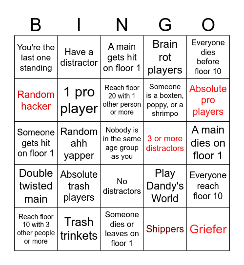 Dandy's World Matchmaking Bingo Card