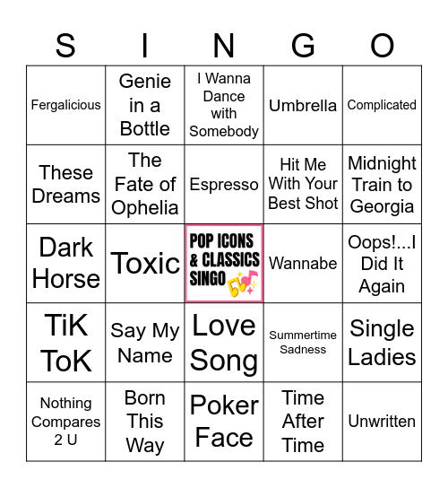 Pop Icons & Classics Singo (40 songs) Bingo Card