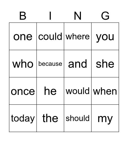 Sight Word BINGO Card