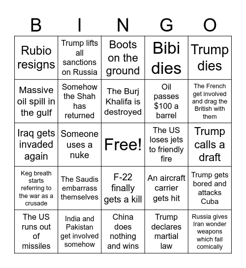 Iran War Bingo Card
