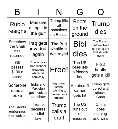 Iran War Bingo Card