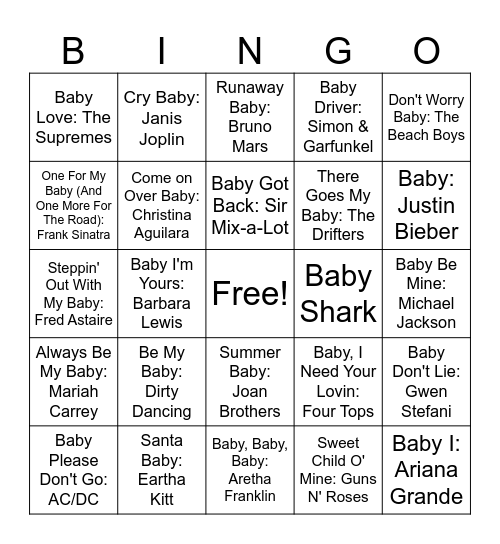 Baby Music Bingo Card