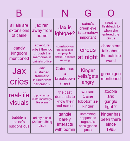 rainbow's TADC ep 8 bingo Card
