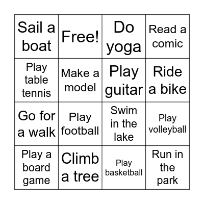 Activities Bingo Card