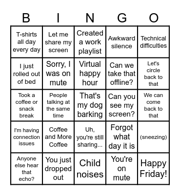 Work From Home Bingo Card