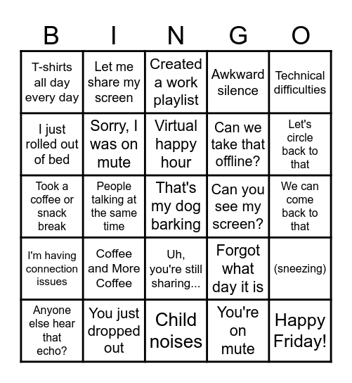 Work From Home Bingo Card