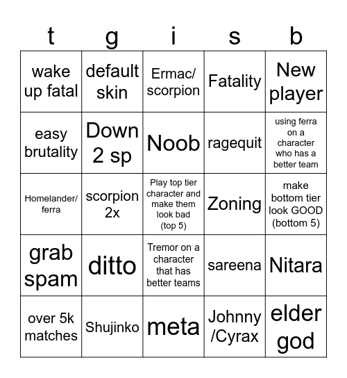 Kasual Kombat 1 Bingo Card