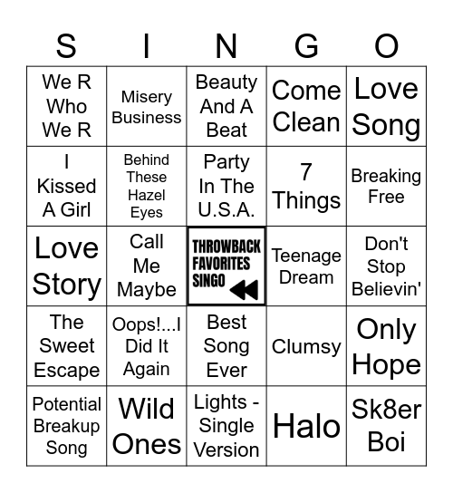 Throwback Favorites Singo (50 Songs) Bingo Card