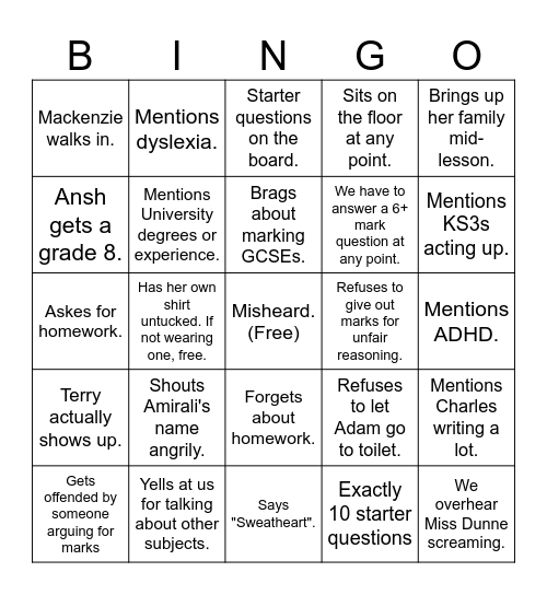 Miss Hird Bingo Card