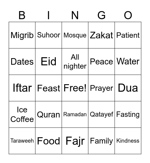 Ramadan bingo Card