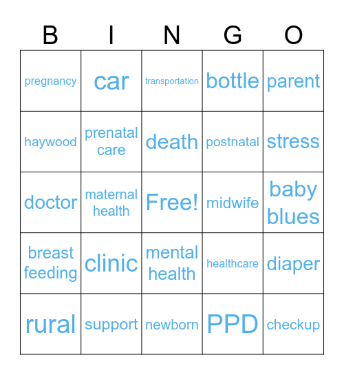 Maternal Health Bingo Card