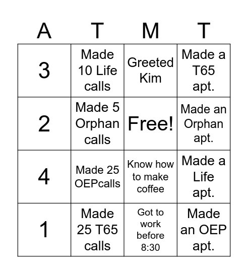 Bankers Call Room Bingo Card