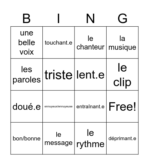 La musique Bingo Card