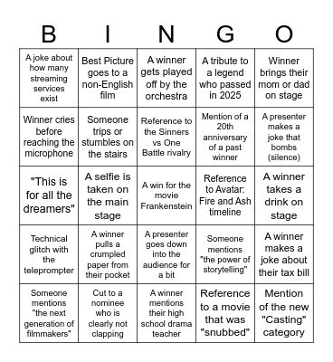 Oscars Bingo Card