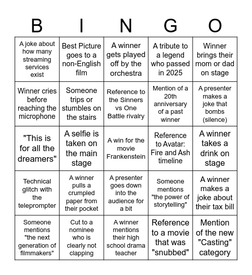 Oscars Bingo Card