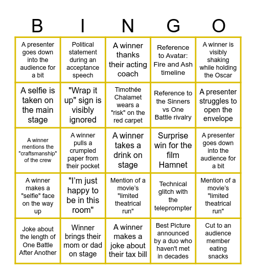 Oscars 2026! Bingo Card
