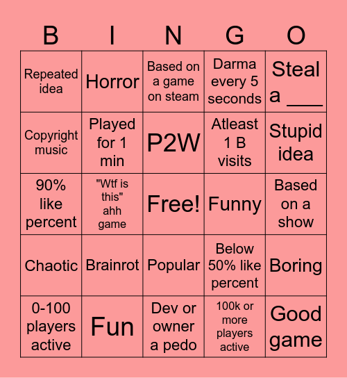 Roblox Games Bingo Card